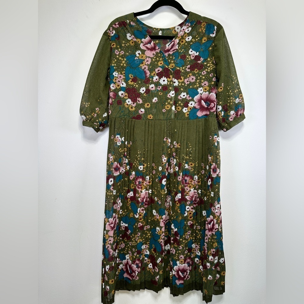 Olive Green Floral Midi Dress | Fall Boho Cottagecore